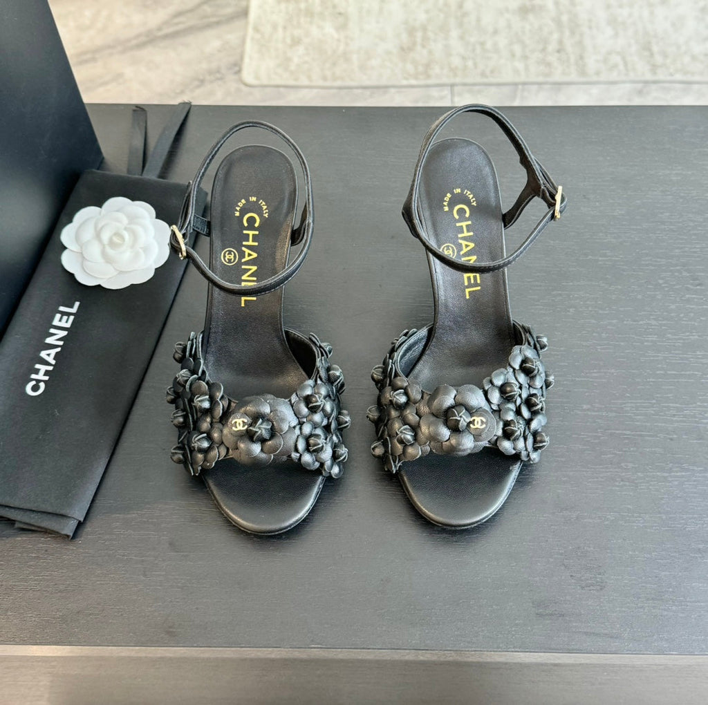 CHANEL Little Camellia World Thin High Sandals Black Lambskin