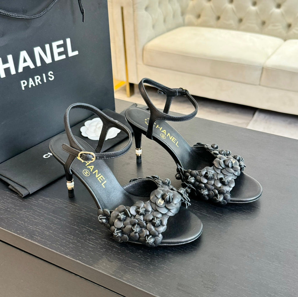 CHANEL Little Camellia World Thin High Sandals Black Lambskin