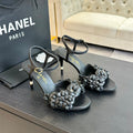 CHANEL Little Camellia World Thin High Sandals Black Lambskin