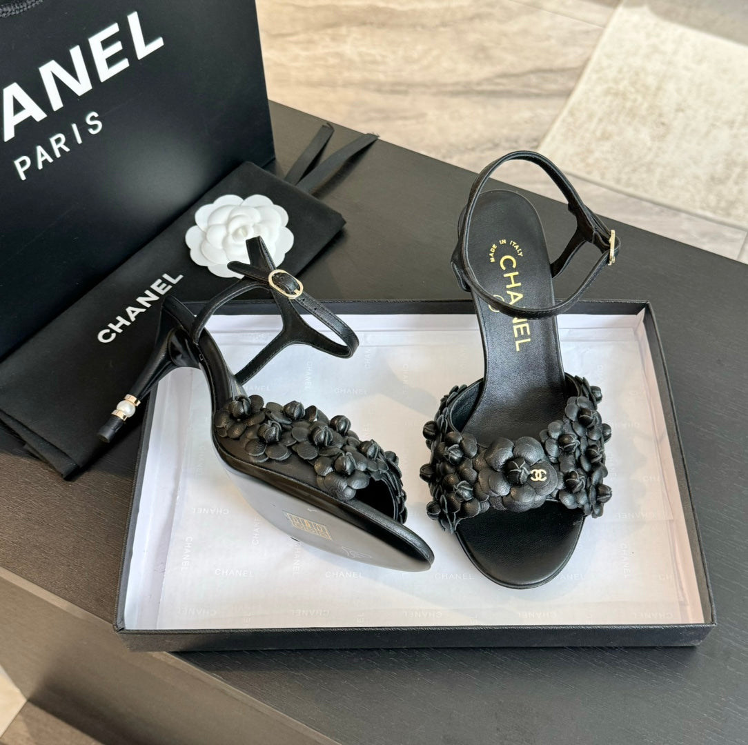 CHANEL Little Camellia World Thin High Sandals Black Lambskin