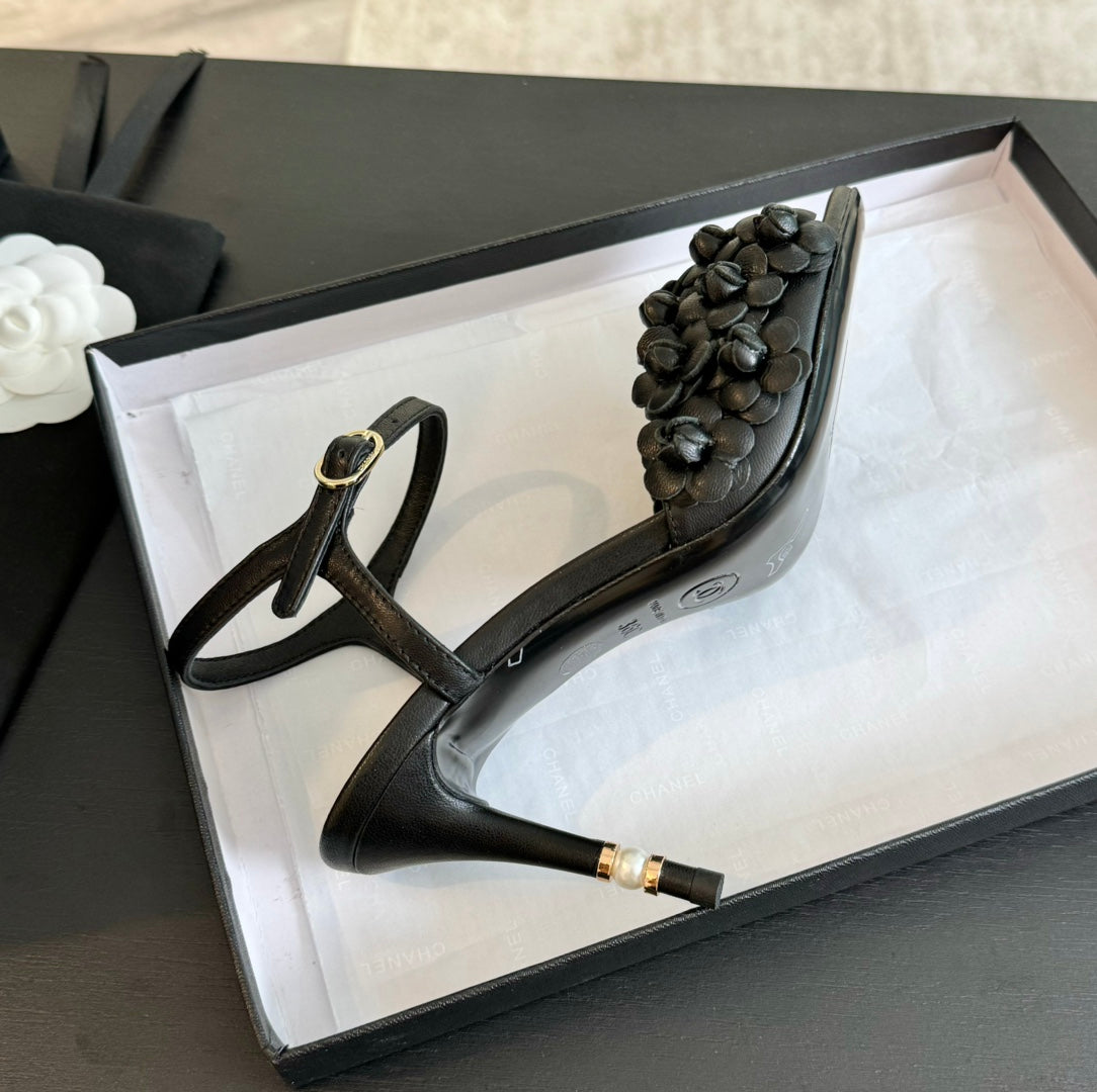 CHANEL Little Camellia World Thin High Sandals Black Lambskin