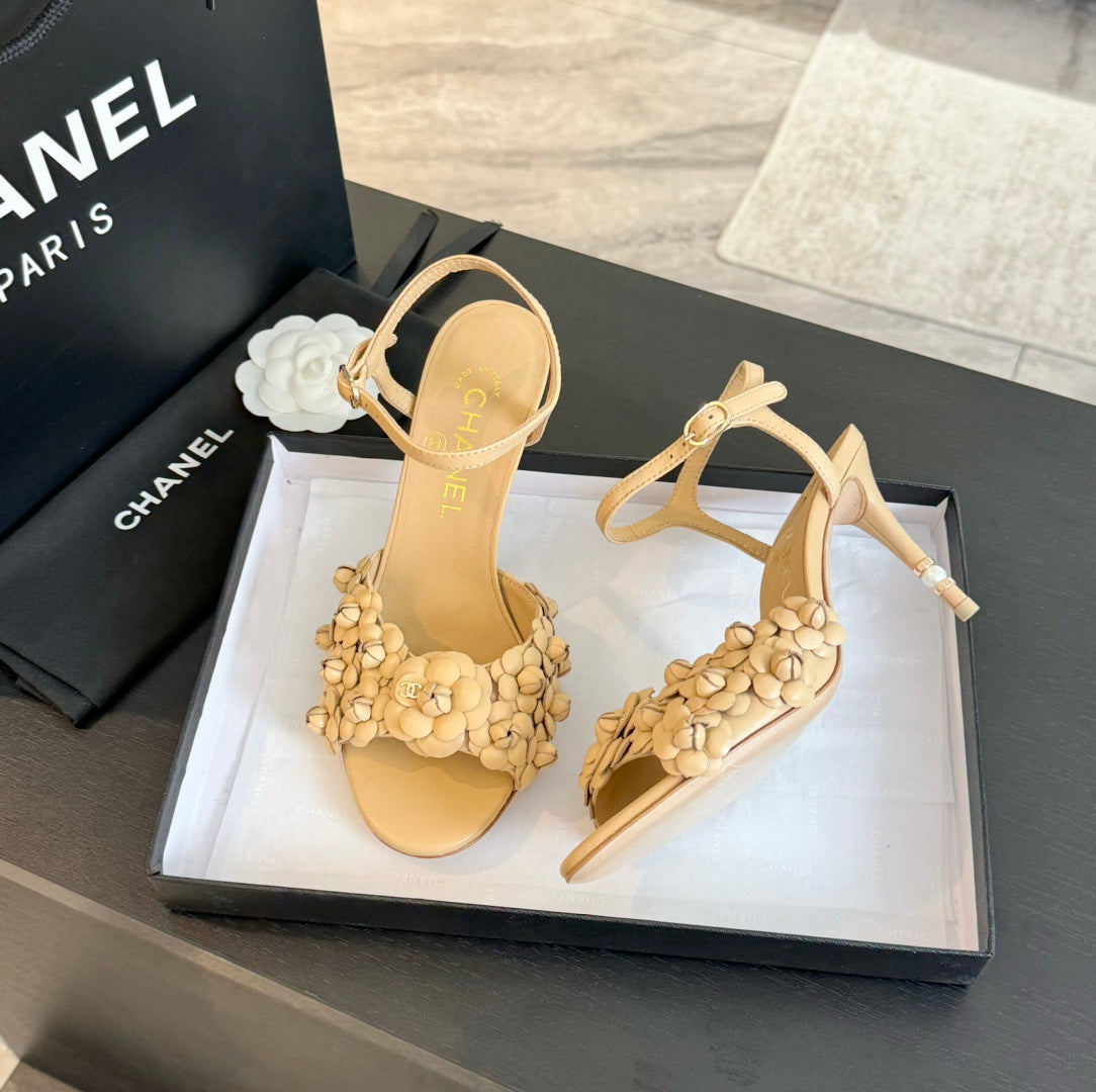 CHANEL Little Camellia World Thin High Sandals Tan Brown Lambskin