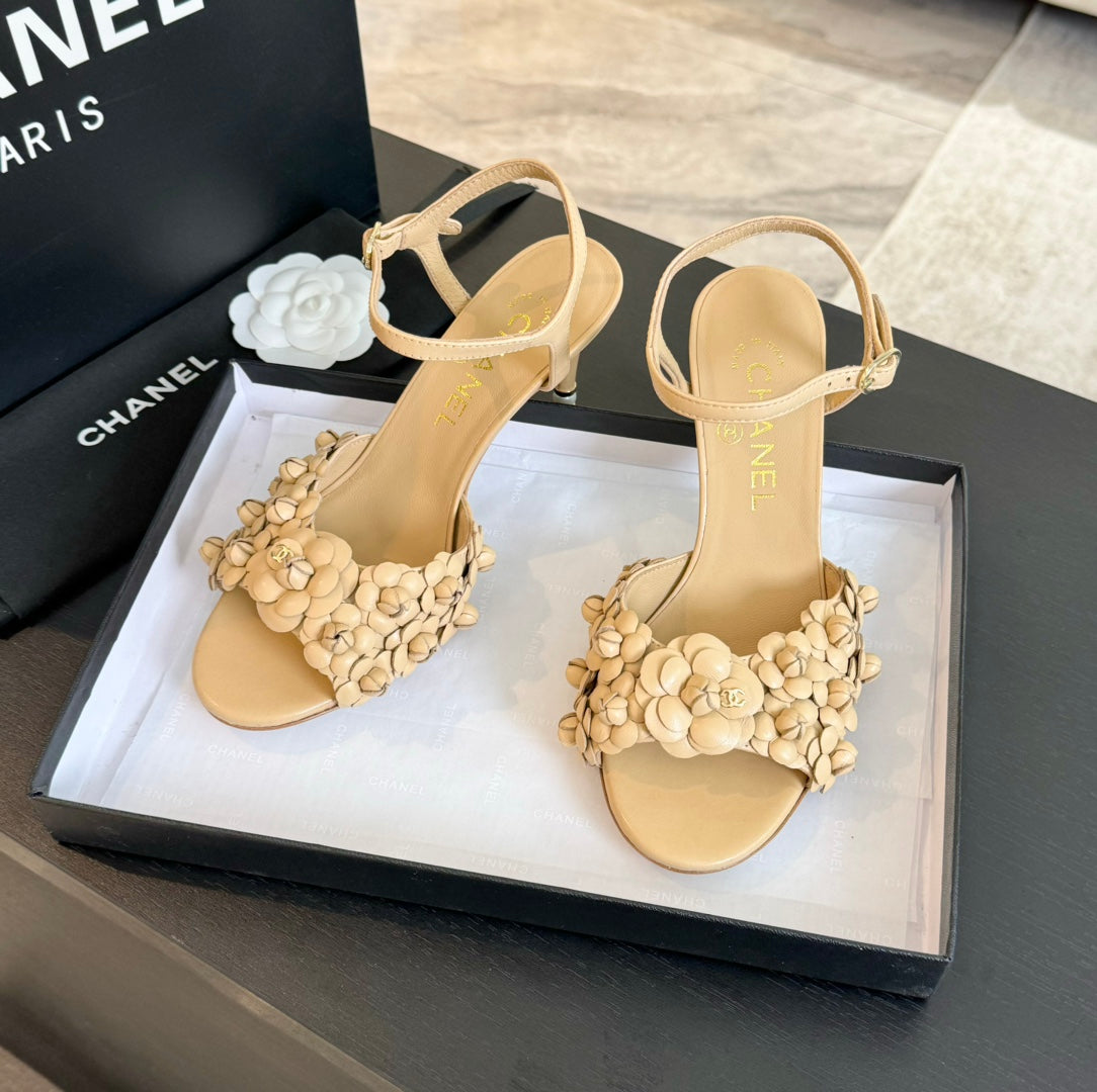 CHANEL Little Camellia World Thin High Sandals Tan Brown Lambskin