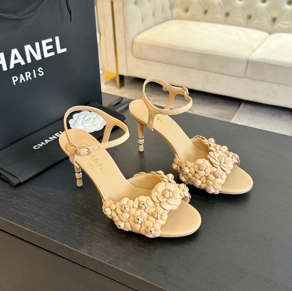 CHANEL Little Camellia World Thin High Sandals Tan Brown Lambskin