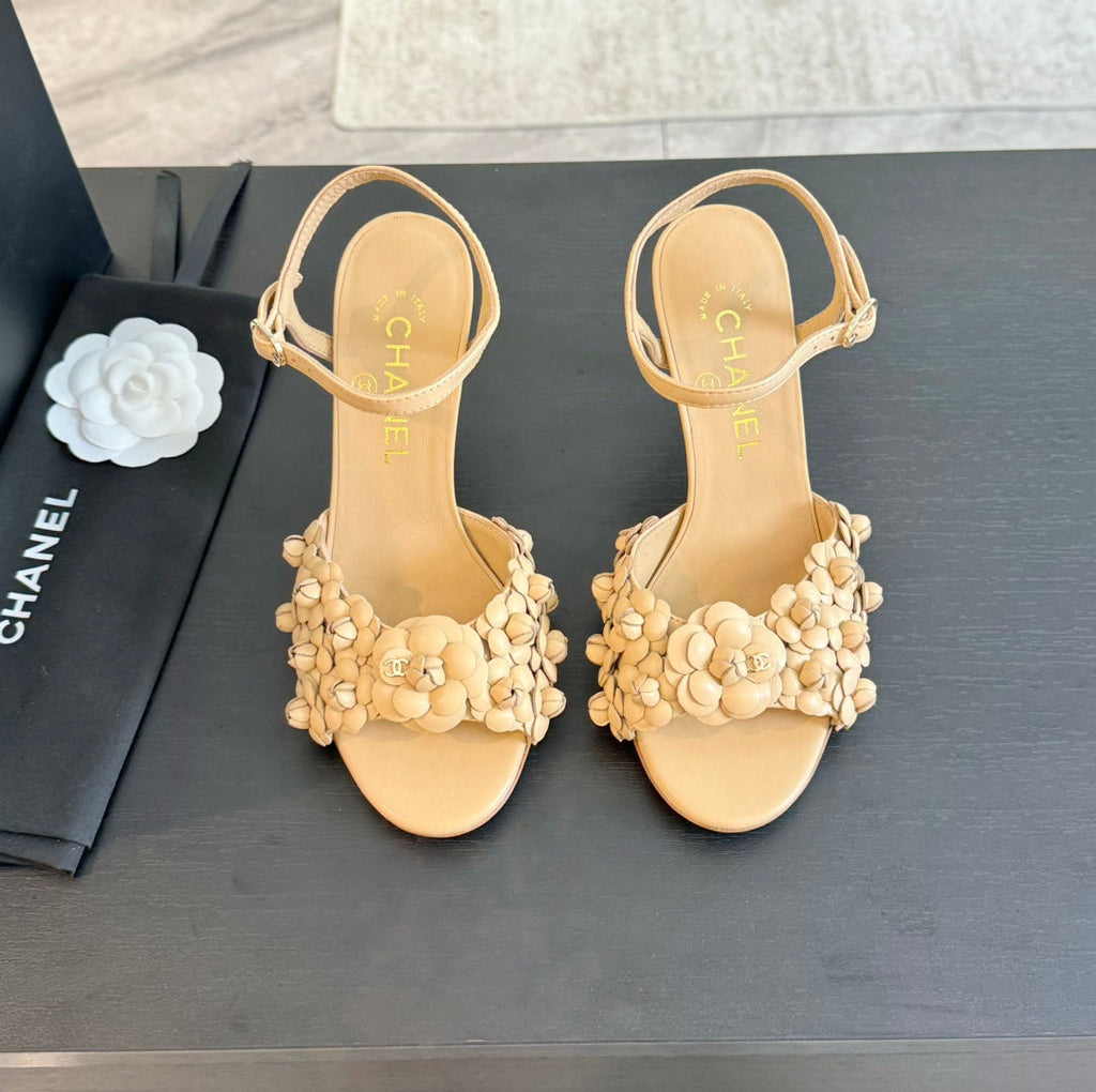 CHANEL Little Camellia World Thin High Sandals Tan Brown Lambskin
