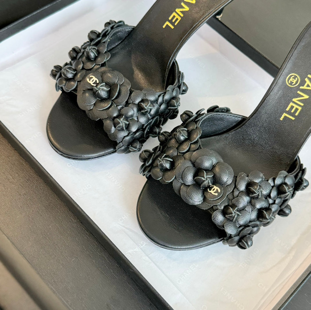 CHANEL Little Camellia World Thin High Heels Black Lambskin