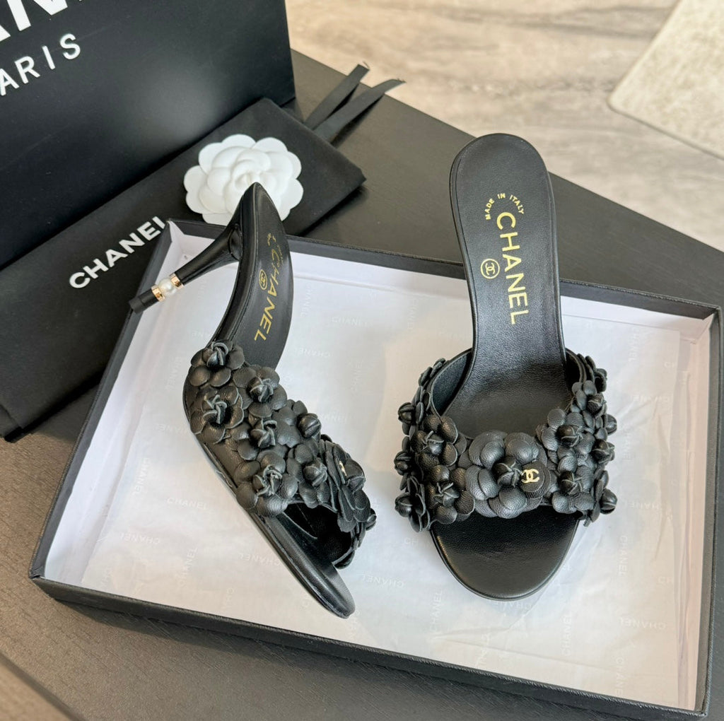 CHANEL Little Camellia World Thin High Heels Black Lambskin