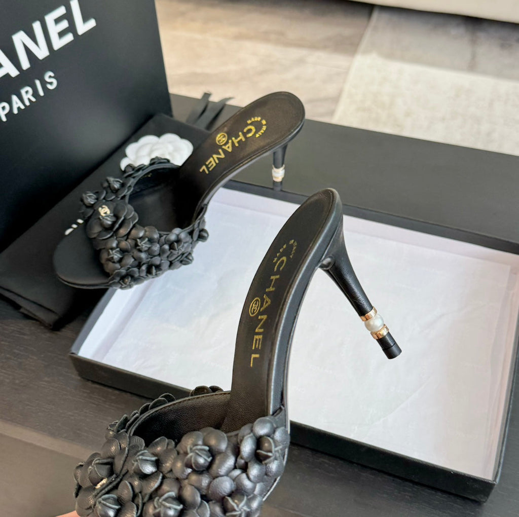 CHANEL Little Camellia World Thin High Heels Black Lambskin