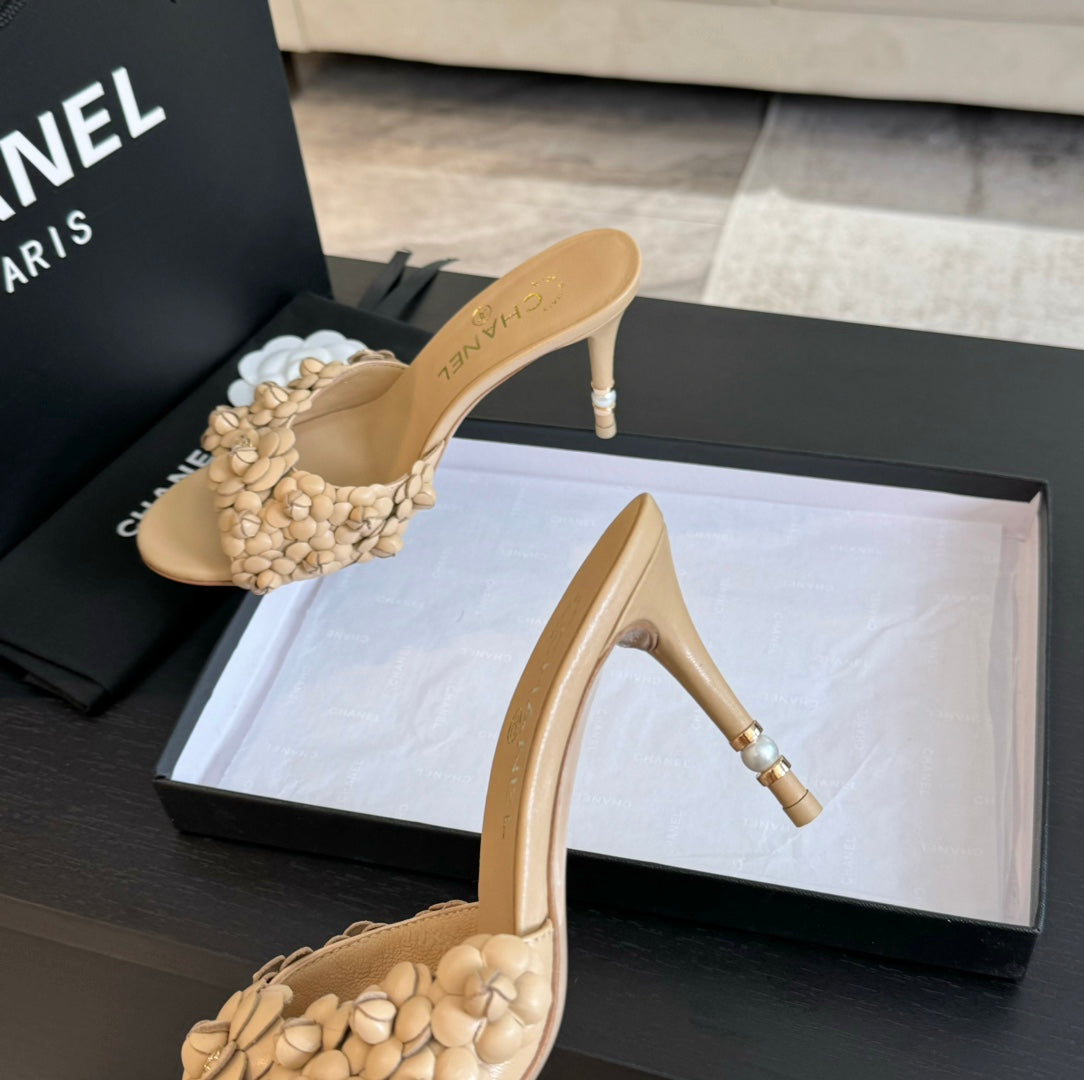 CHANEL Little Camellia World Thin High Heels Tan Brown Lambskin