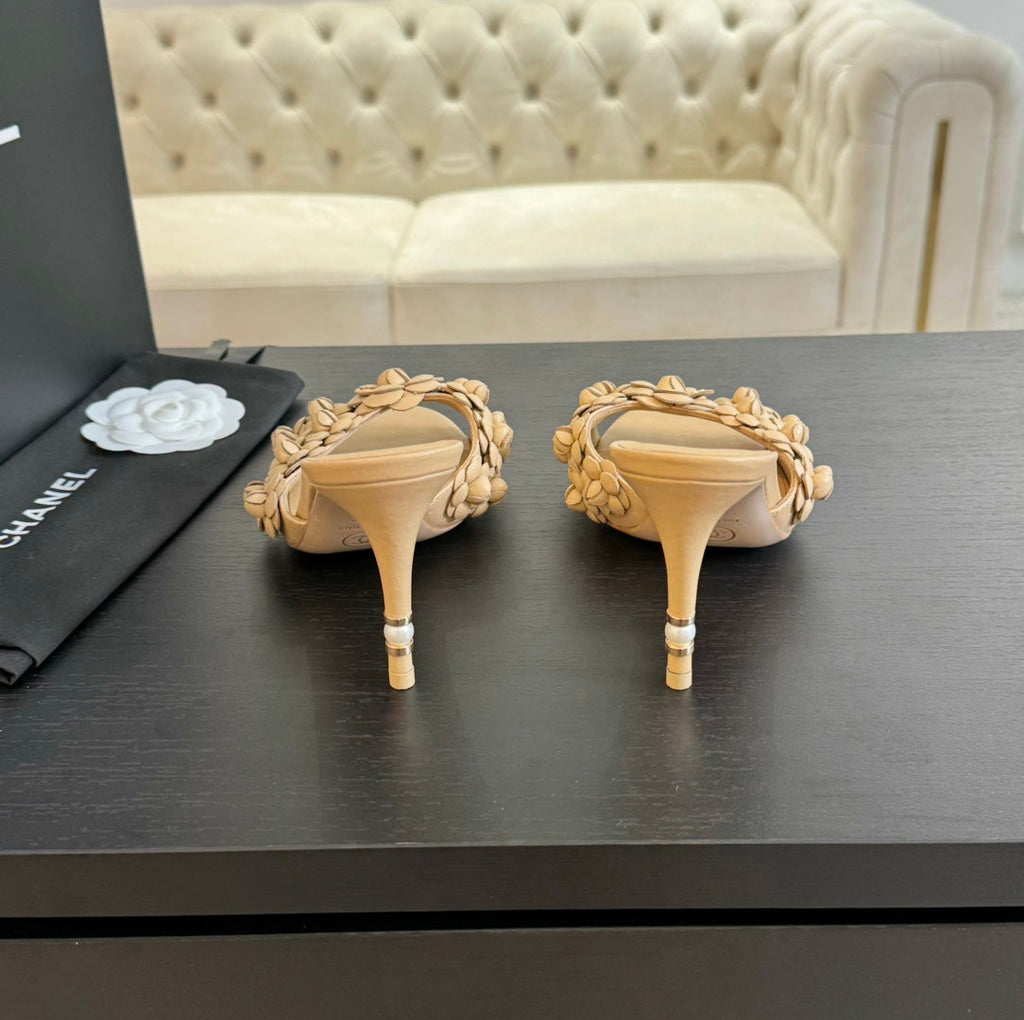 CHANEL Little Camellia World Thin High Heels Tan Brown Lambskin