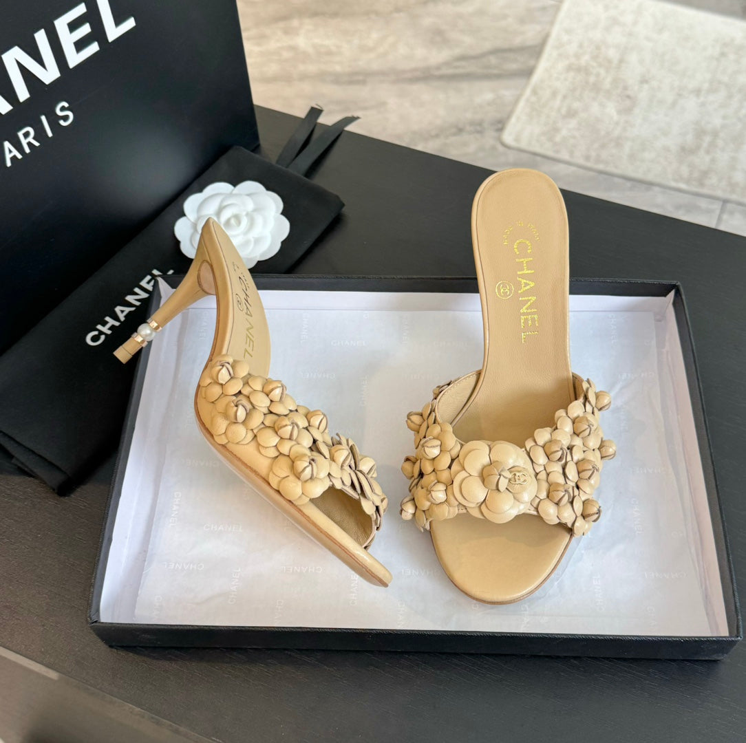 CHANEL Little Camellia World Thin High Heels Tan Brown Lambskin