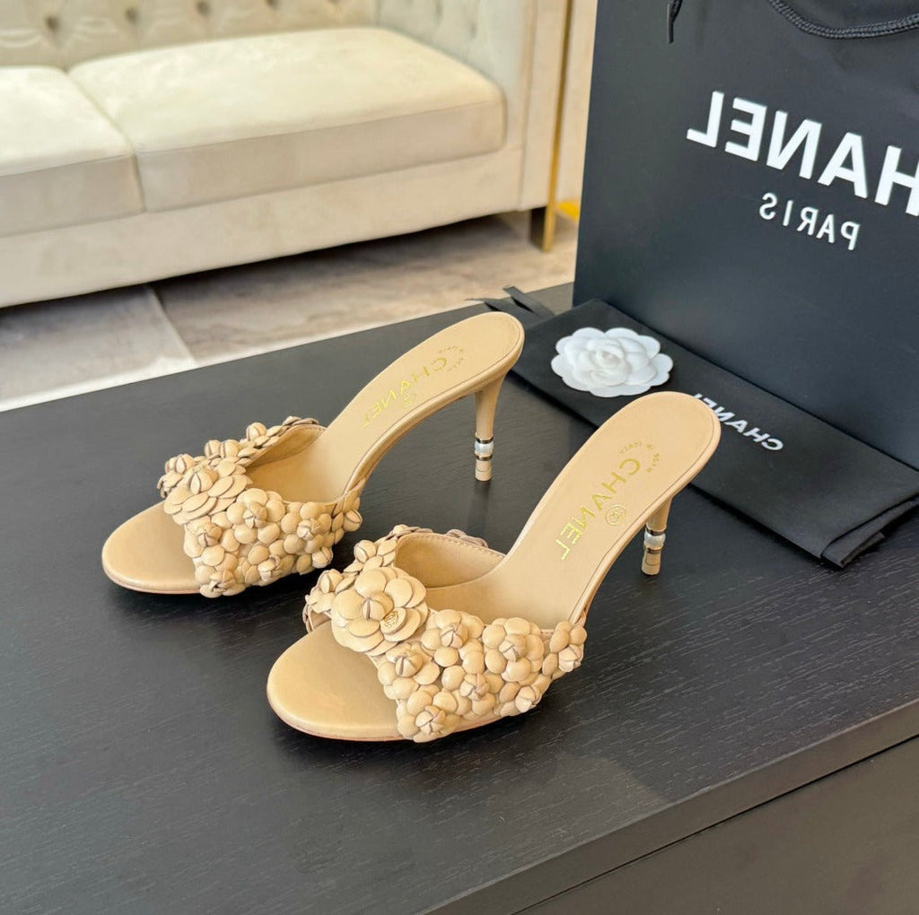 CHANEL Little Camellia World Thin High Heels Tan Brown Lambskin