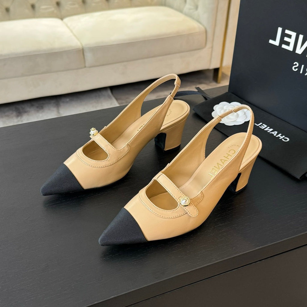 CHANEL Double C WOMEN'S Slingback SPIRIT TOE Tan brown Lambskin