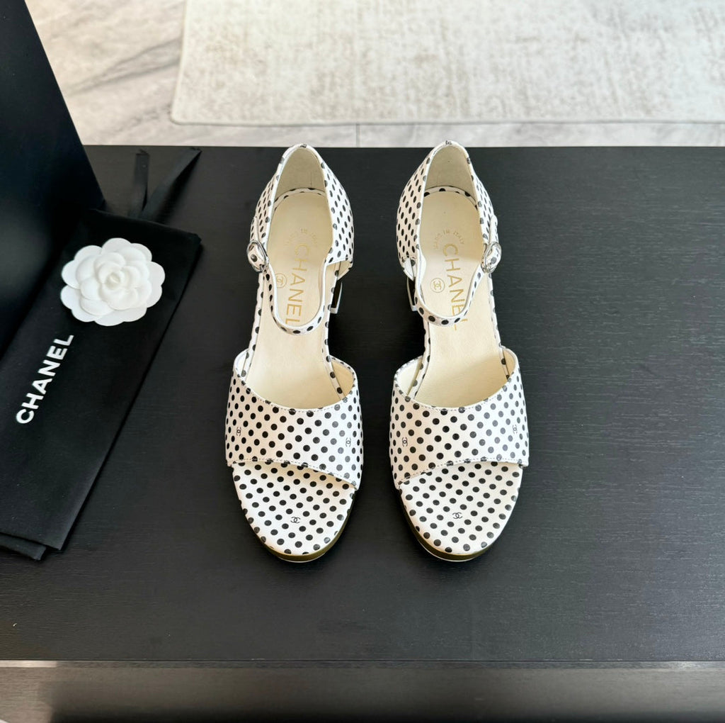 CHANEL Platform Peep-Toe Sandals White/Black Caro Lambskin