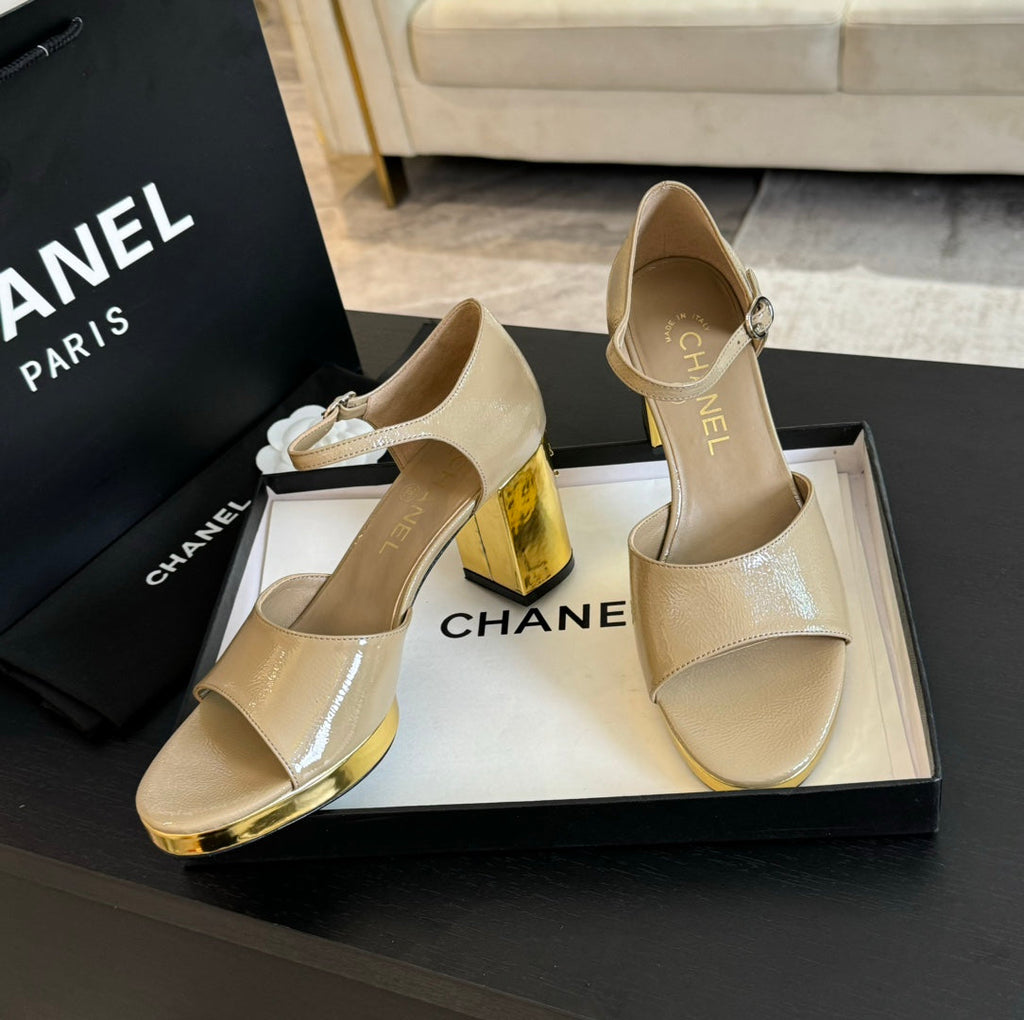 CHANEL Platform Peep-Toe Sandals Beige Cream Lambskin