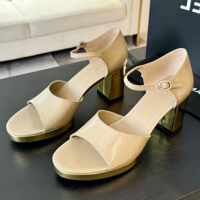 CHANEL Platform Peep-Toe Sandals Beige Cream Lambskin