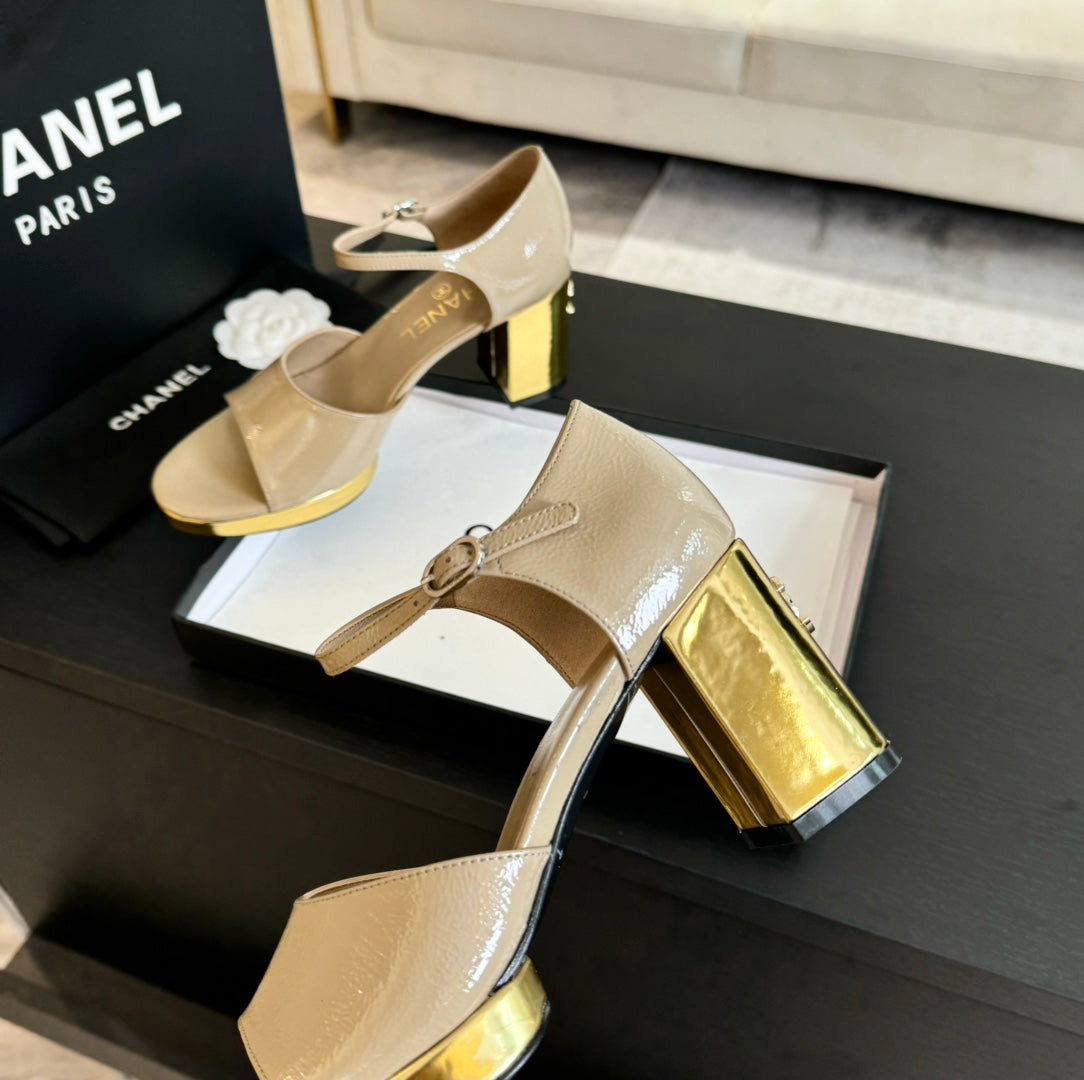 CHANEL Platform Peep-Toe Sandals Beige Cream Lambskin