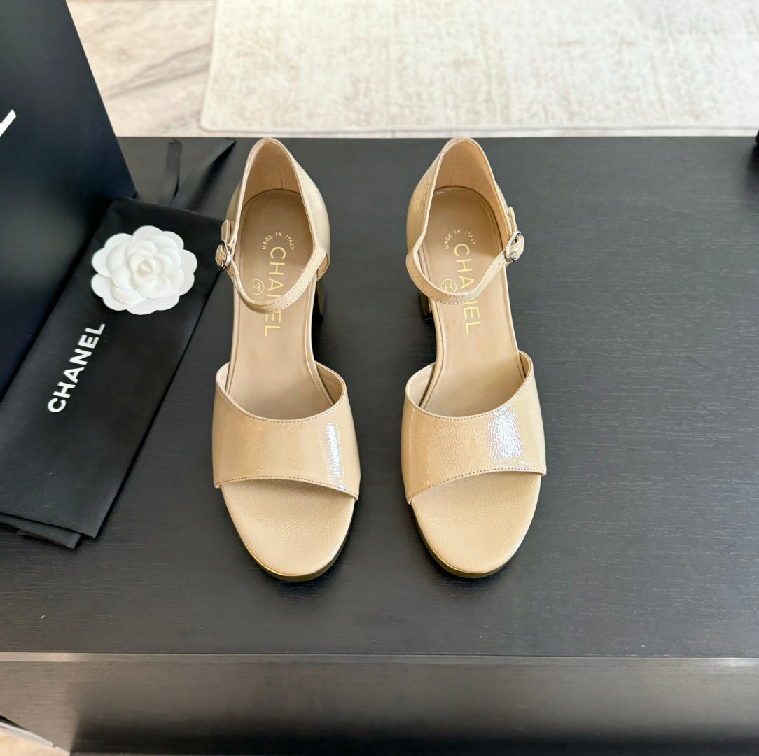 CHANEL Platform Peep-Toe Sandals Beige Cream Lambskin