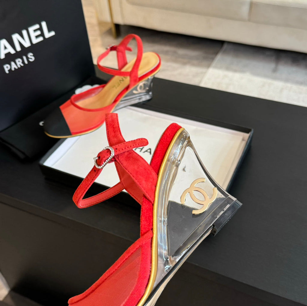CHANEL Waterproof Platform High Heels Transparent Heel Mesh Candy Red Black