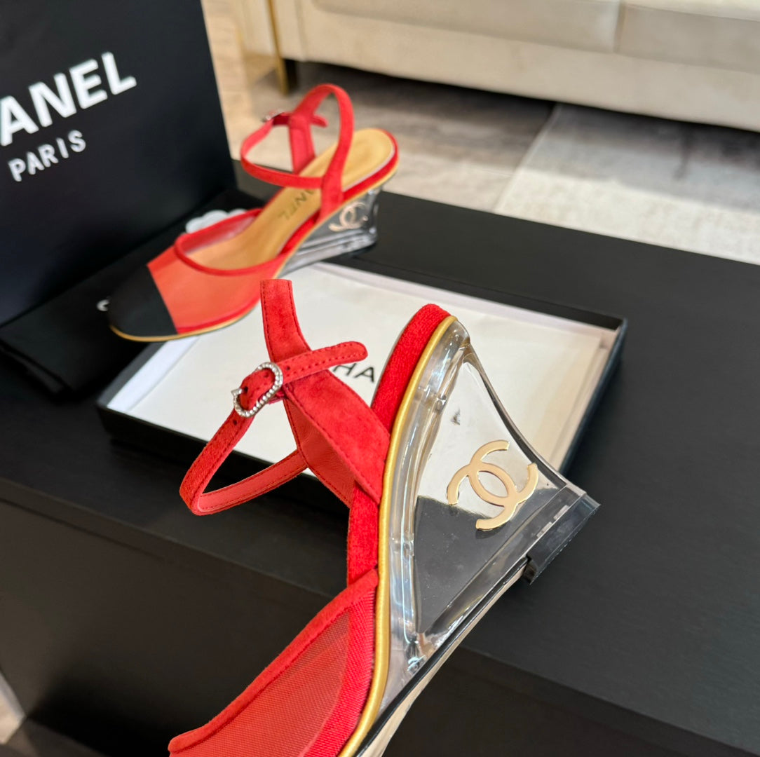 CHANEL Waterproof Platform High Heels Transparent Heel Mesh Candy Red Black