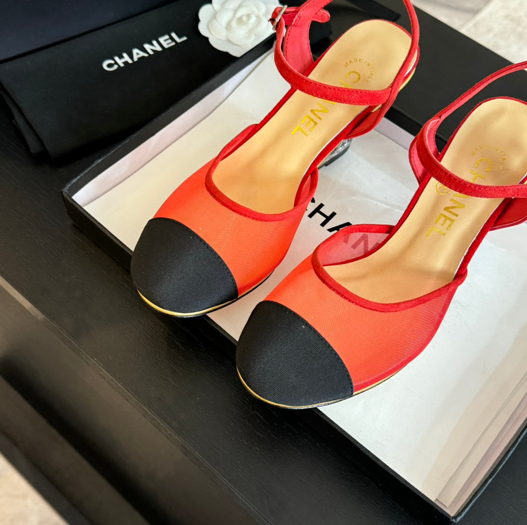 CHANEL Waterproof Platform High Heels Transparent Heel Mesh Candy Red Black