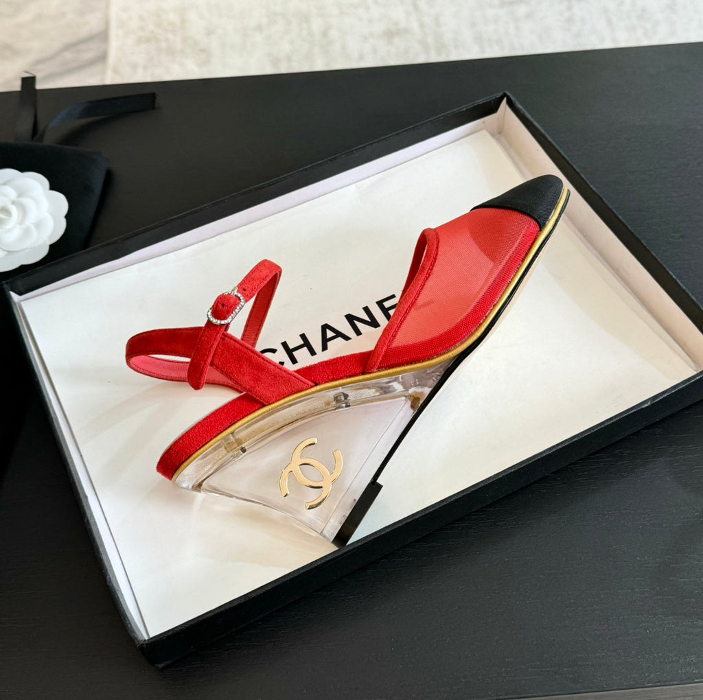 CHANEL Waterproof Platform High Heels Transparent Heel Mesh Candy Red Black
