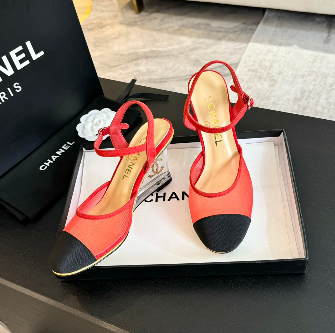 CHANEL Waterproof Platform High Heels Transparent Heel Mesh Candy Red Black