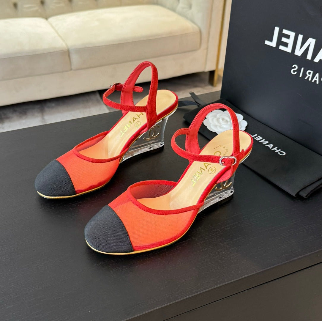 CHANEL Waterproof Platform High Heels Transparent Heel Mesh Candy Red Black