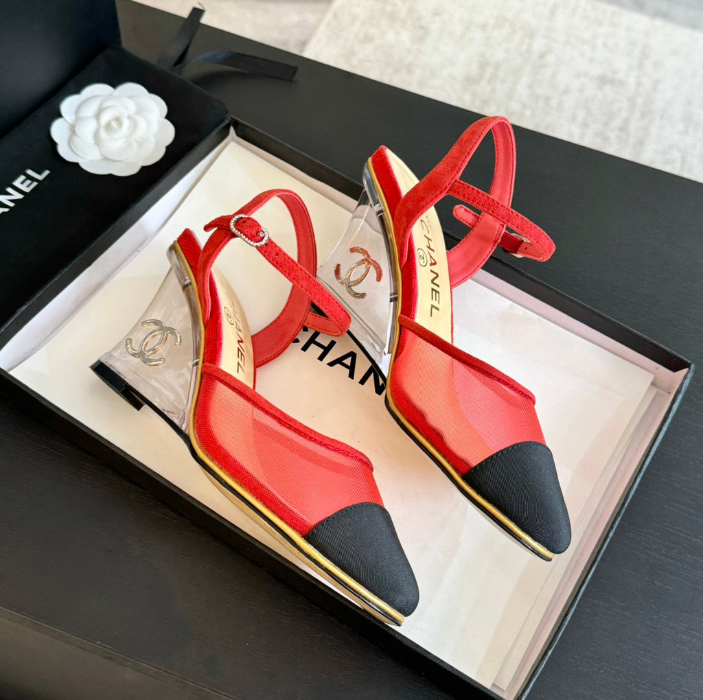 CHANEL Waterproof Platform High Heels Transparent Heel Mesh Candy Red Black