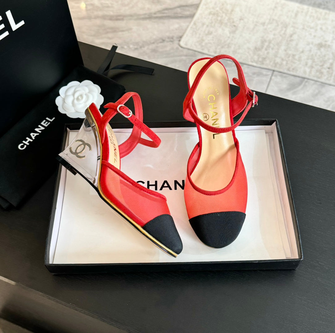 CHANEL Waterproof Platform High Heels Transparent Heel Mesh Candy Red Black