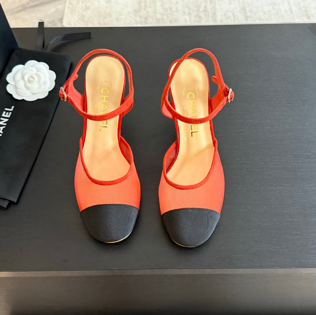 CHANEL Waterproof Platform High Heels Transparent Heel Mesh Candy Red Black