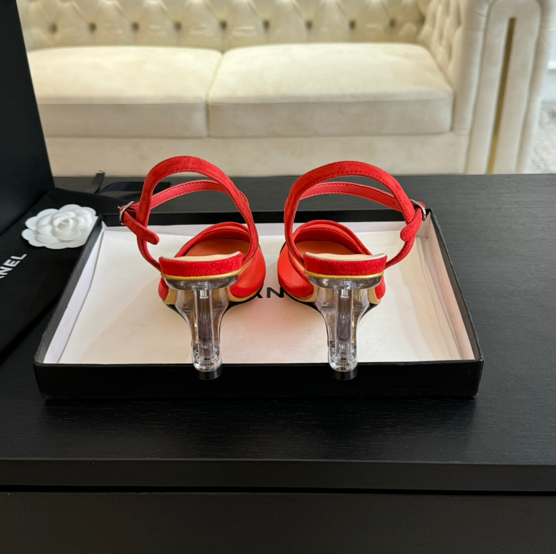 CHANEL Waterproof Platform High Heels Transparent Heel Mesh Candy Red Black