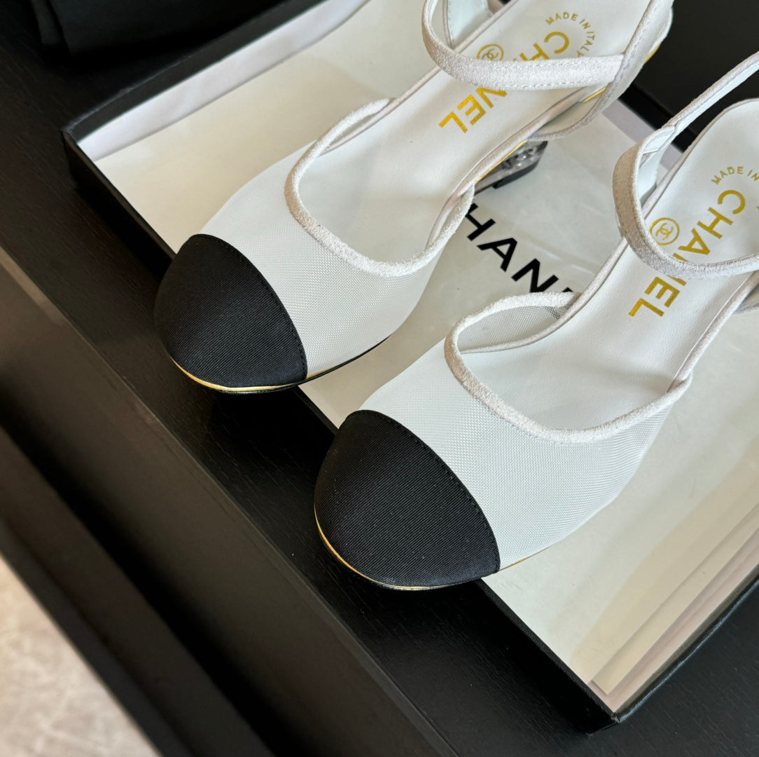 CHANEL Waterproof Platform High Heels Transparent Heel Mesh White