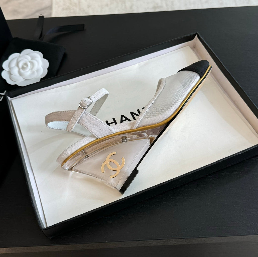 CHANEL Waterproof Platform High Heels Transparent Heel Mesh White
