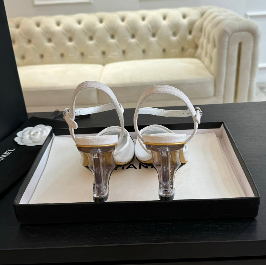 CHANEL Waterproof Platform High Heels Transparent Heel Mesh White