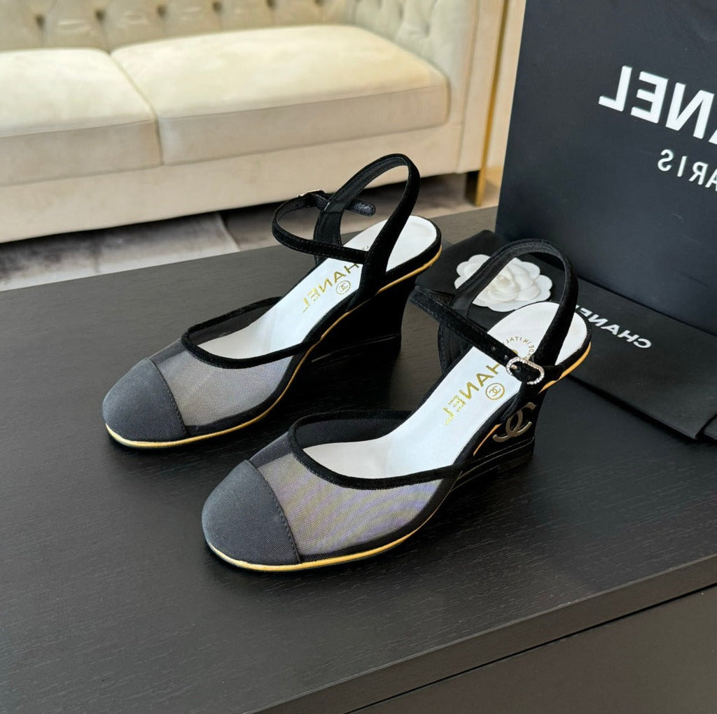 CHANEL Waterproof Platform High Heels Transparent Heel Mesh  Black