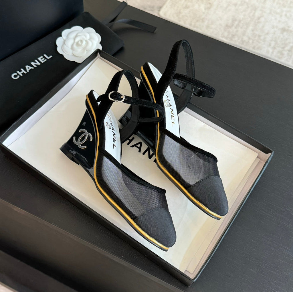 CHANEL Waterproof Platform High Heels Transparent Heel Mesh  Black