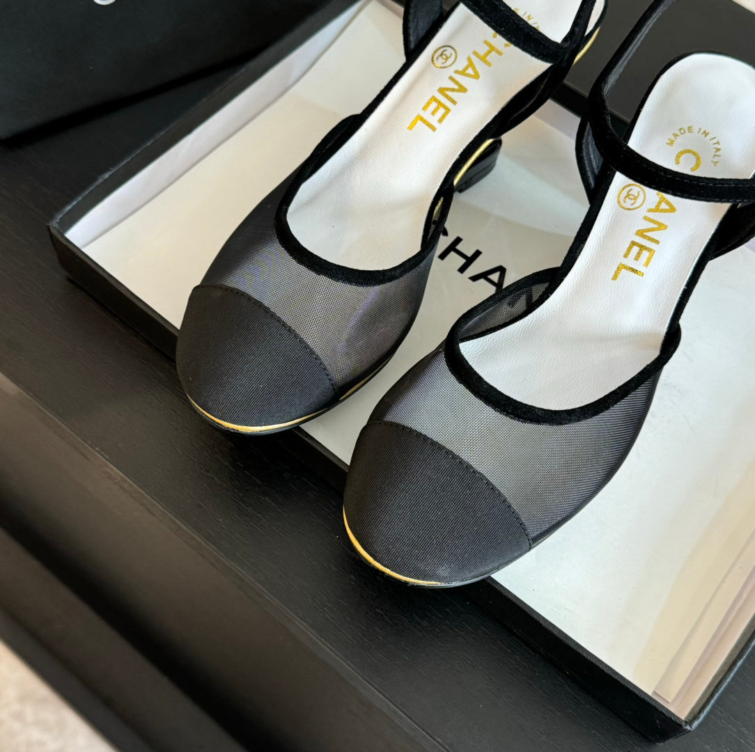CHANEL Waterproof Platform High Heels Transparent Heel Mesh  Black