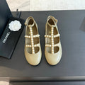 CHANEL MARY JANES SHOES ECRU BEIGE GOATSKIN WITH FAUX PEARL