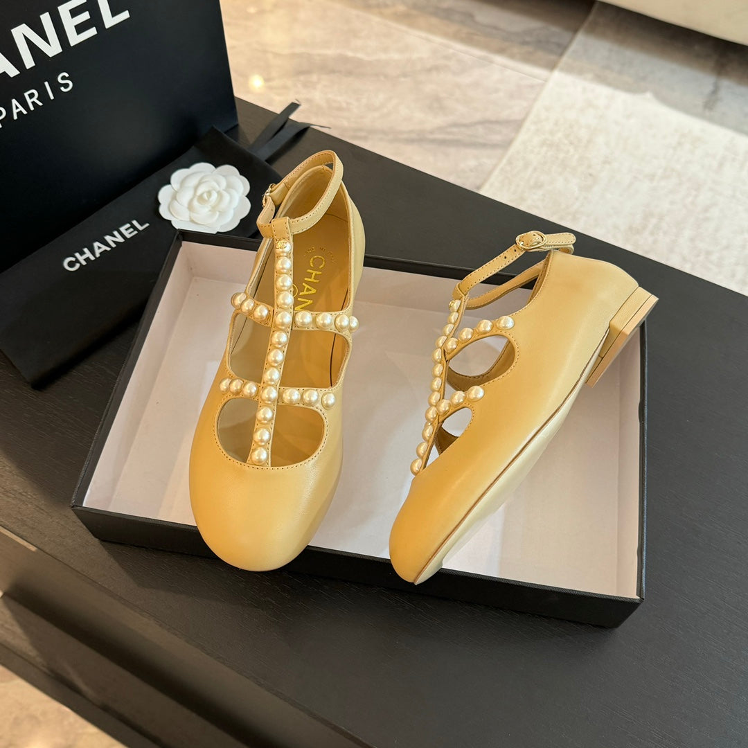 CHANEL MARY JANES SHOES LIGHT YELLOW GOATSKIN WITH FAUX PEARL
