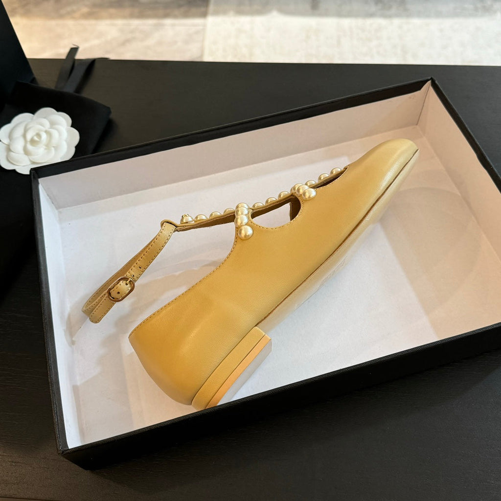 CHANEL MARY JANES SHOES LIGHT YELLOW GOATSKIN WITH FAUX PEARL