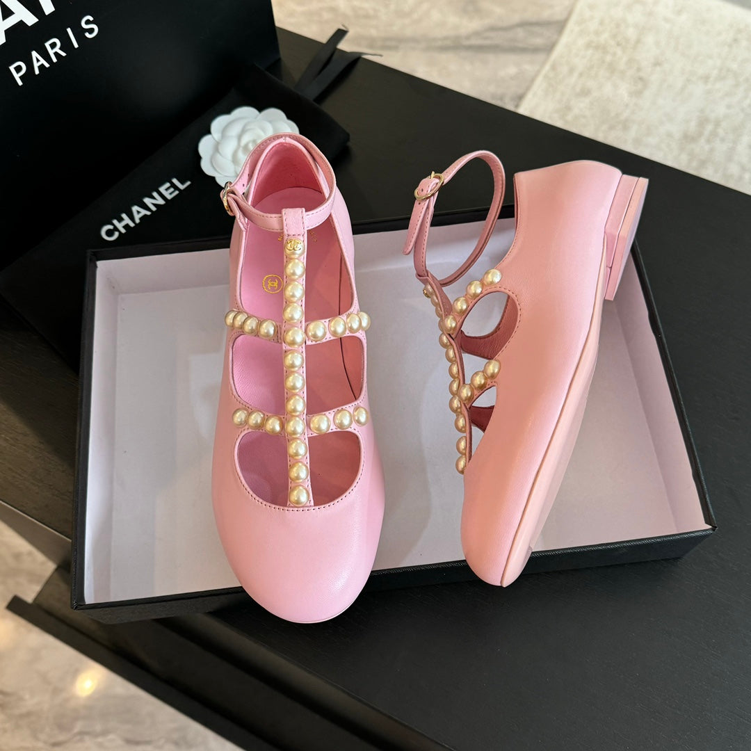 CHANEL MARY JANES SHOES LIGHT PINK GOATSKIN WITH FAUX PEARL