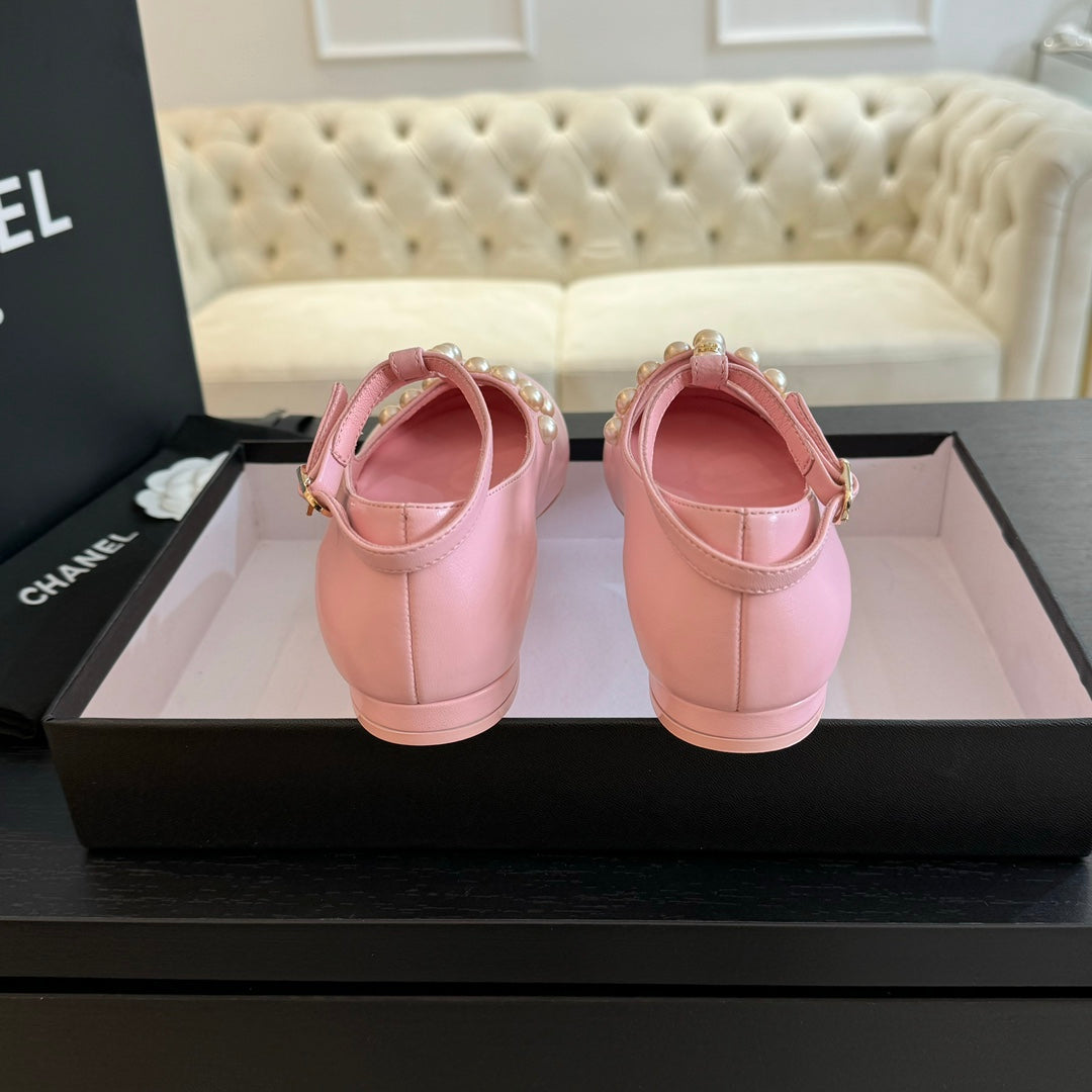 CHANEL MARY JANES SHOES LIGHT PINK GOATSKIN WITH FAUX PEARL