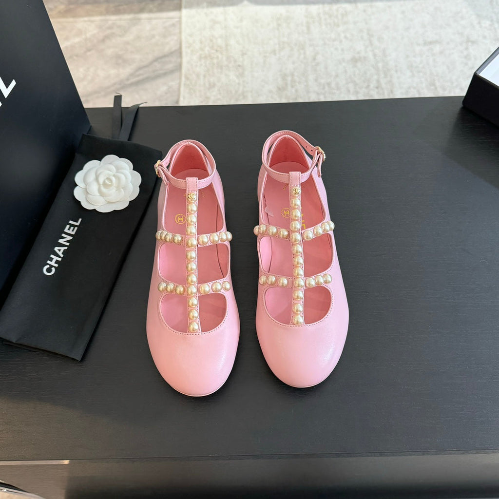 CHANEL MARY JANES SHOES LIGHT PINK GOATSKIN WITH FAUX PEARL