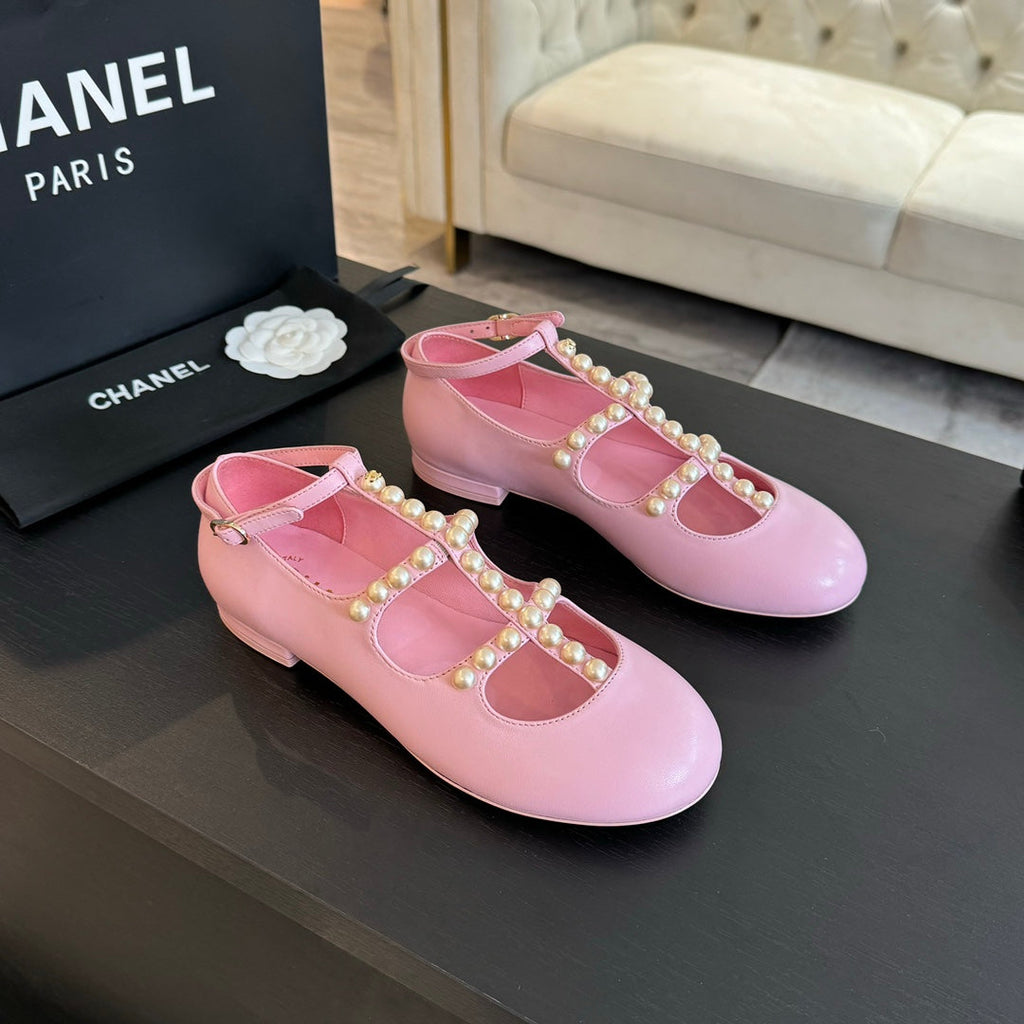 CHANEL MARY JANES SHOES LIGHT PINK GOATSKIN WITH FAUX PEARL