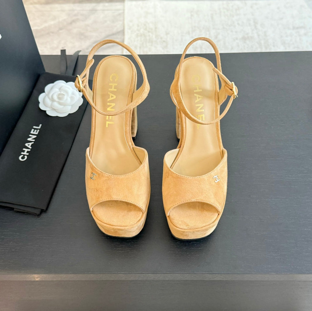 CHANEL HIGH HEEL PLATFORM SANDALS IN SAND YELLOW SUEDE