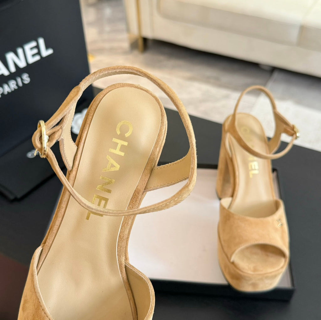 CHANEL HIGH HEEL PLATFORM SANDALS IN SAND YELLOW SUEDE