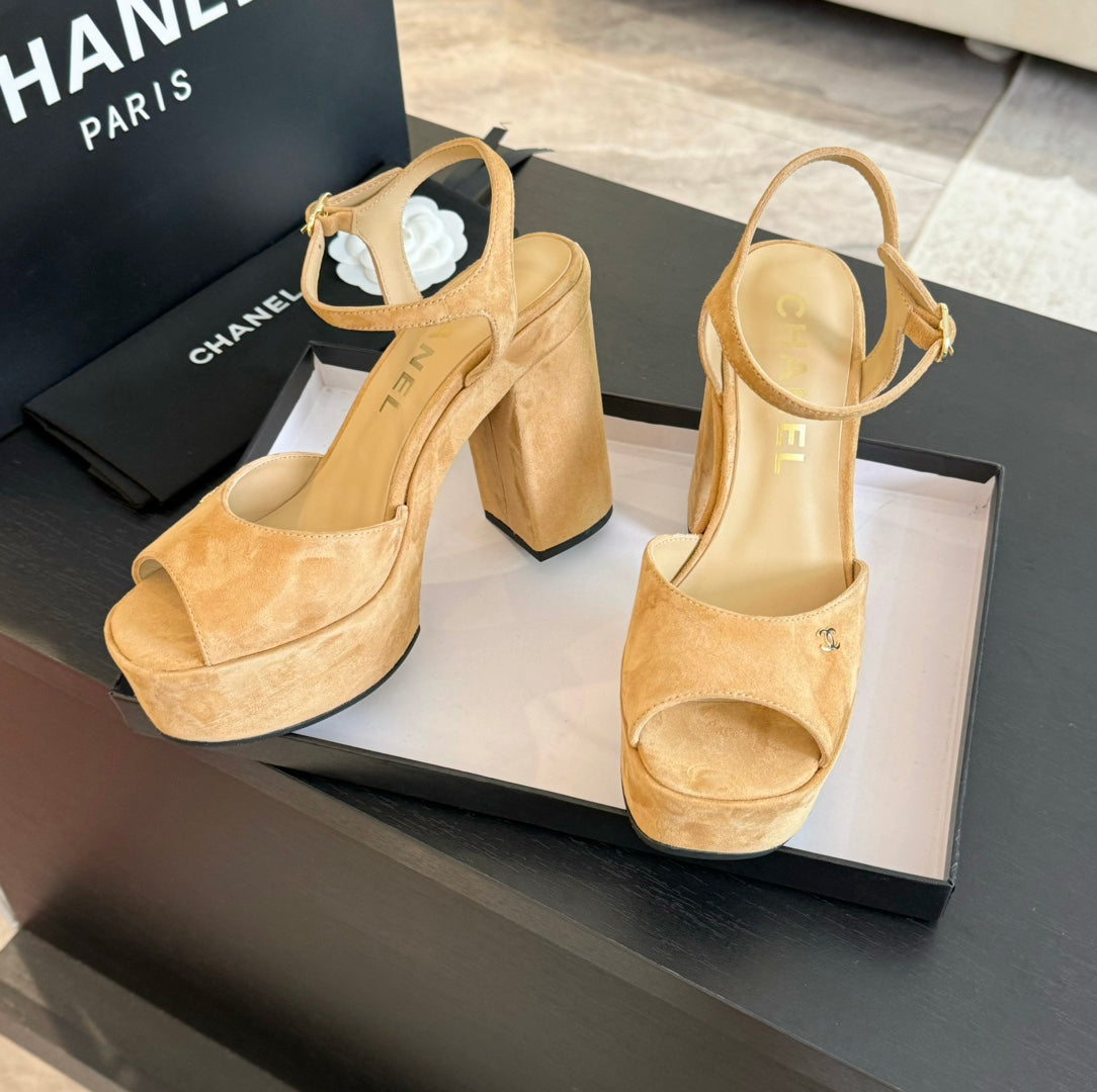 CHANEL HIGH HEEL PLATFORM SANDALS IN SAND YELLOW SUEDE