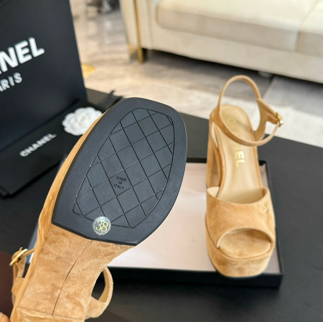 CHANEL HIGH HEEL PLATFORM SANDALS IN SAND YELLOW SUEDE