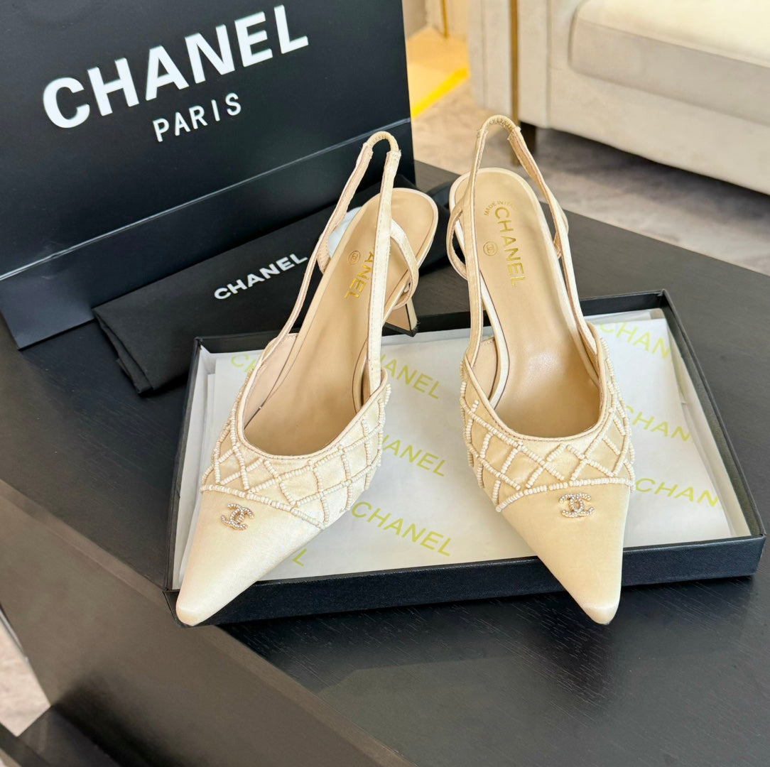 CHANEL POINTED SLINGBACK MID HEELS BEIGE CREAM LAMBSKIN